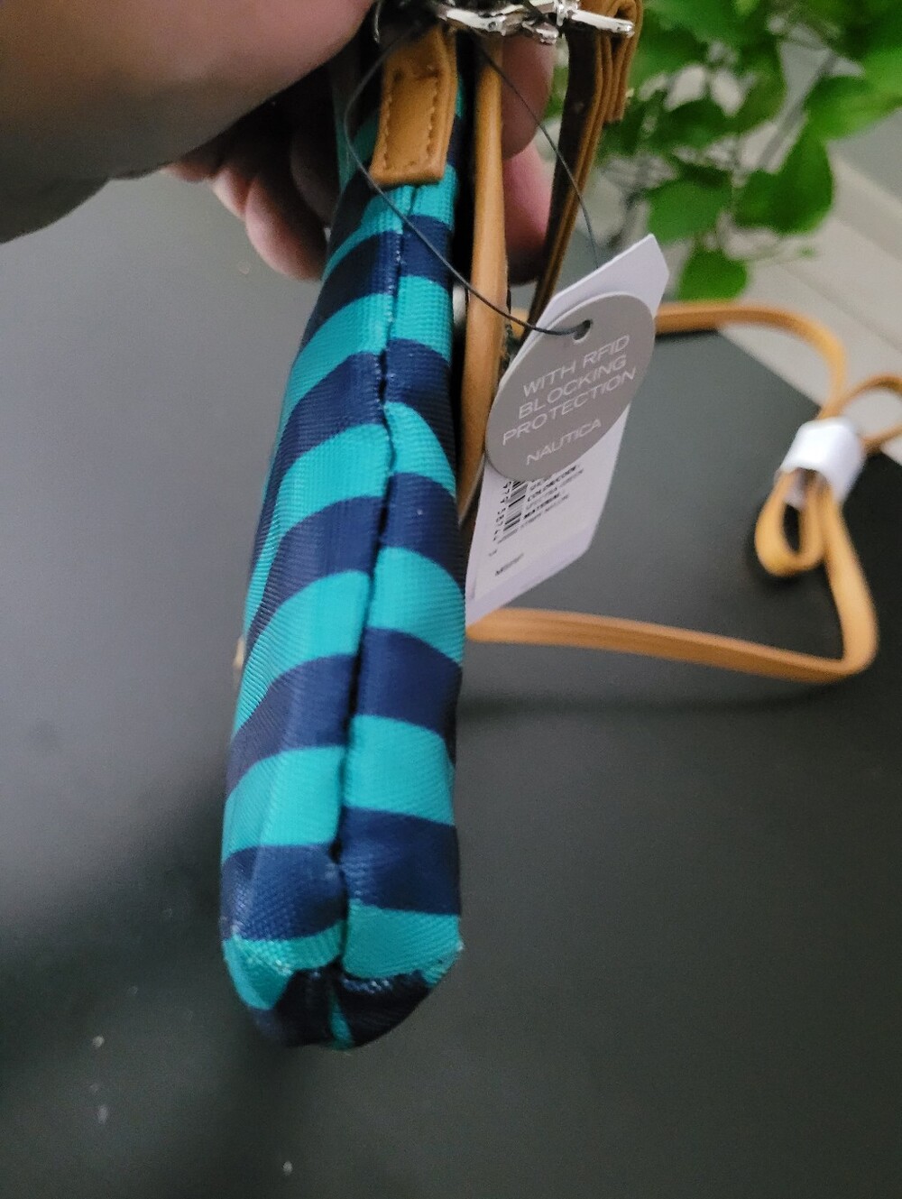 Nautica Teal & Navy Striped Crossbody with Tan Trim - Picture 3 of 6